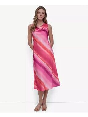DKNY Petite 8P Pink Watercolor Print Sleeveless Midi Dress Cowl Neck NWT
